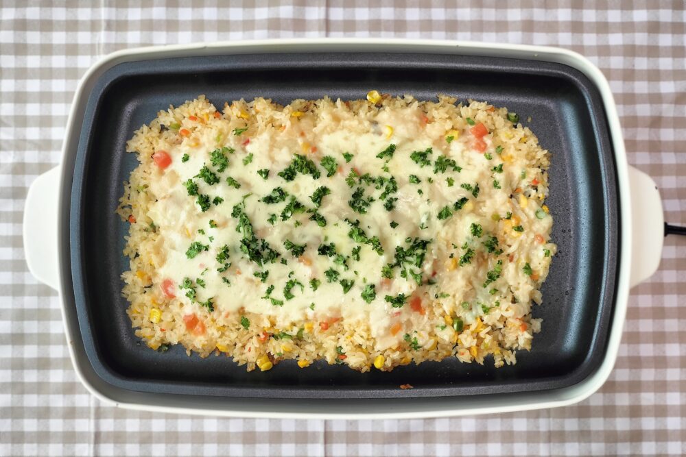 ホットプレートで冷凍ピラフドリア