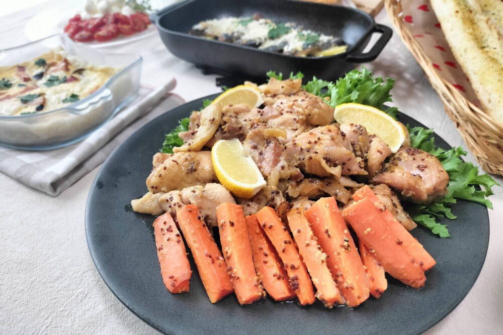 チキンハニーマスタードのオーブン焼きとロースト人参